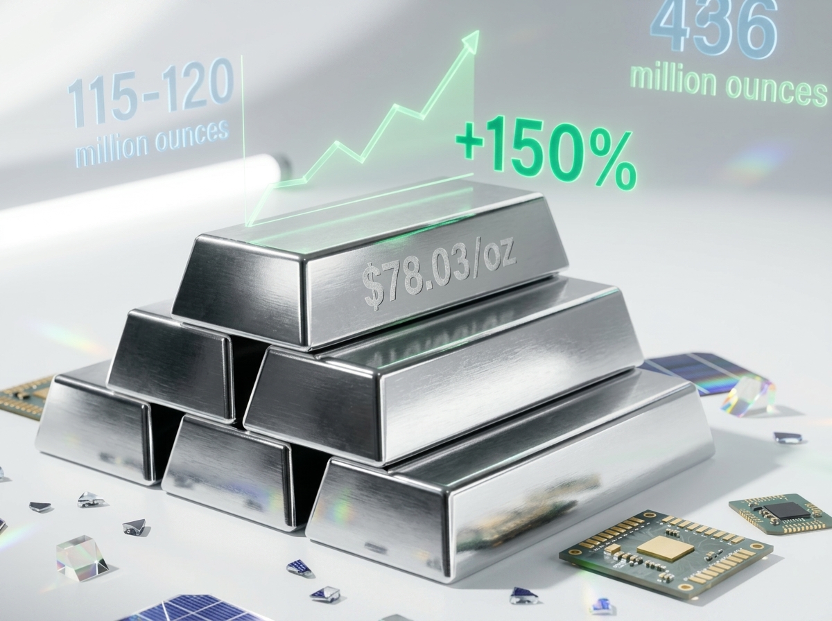 Silver bars with industrial demand statistics and price trajectory